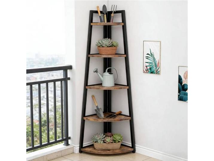 ROVRYN Etagere d angle 5 niveaux 66 x 66 x 178 cm metal et bois noir et marron rustique