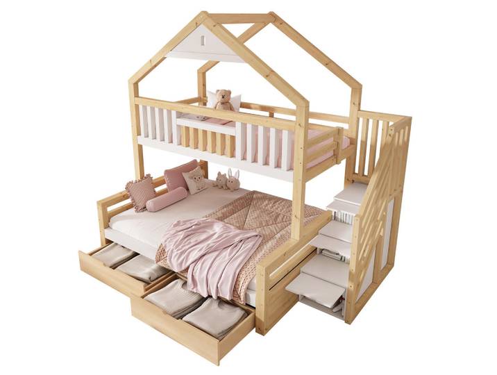 Modfu Etagenbett Holz 140x200 cm Weiß & Eiche mit Treppenschrank, 2 Schubladen und Giebeldach, 140x200 cm, Babymöbel & Kindermöbel, Kinderzimmer & Jugendzimmer, Stockbetten