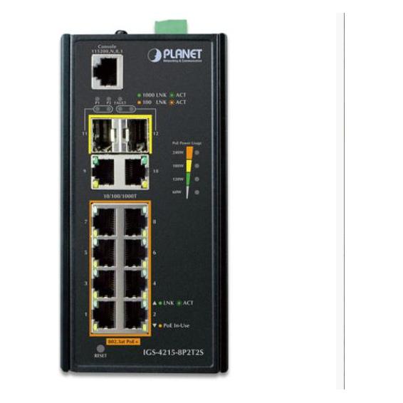 Planet Industrial 8-Port 10/100/1000T 802.3at PoE + 2-Port (10 Ports) (IGS-4215-8P2T2S)