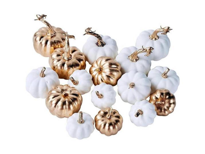 Künstliche Kürbisse 16-teiliges Set Weiß Gold, Mehrfarbig, Kunststoff, 6 cm, Dekoration, Blumen & Blumentöpfe, Kunstpflanzen