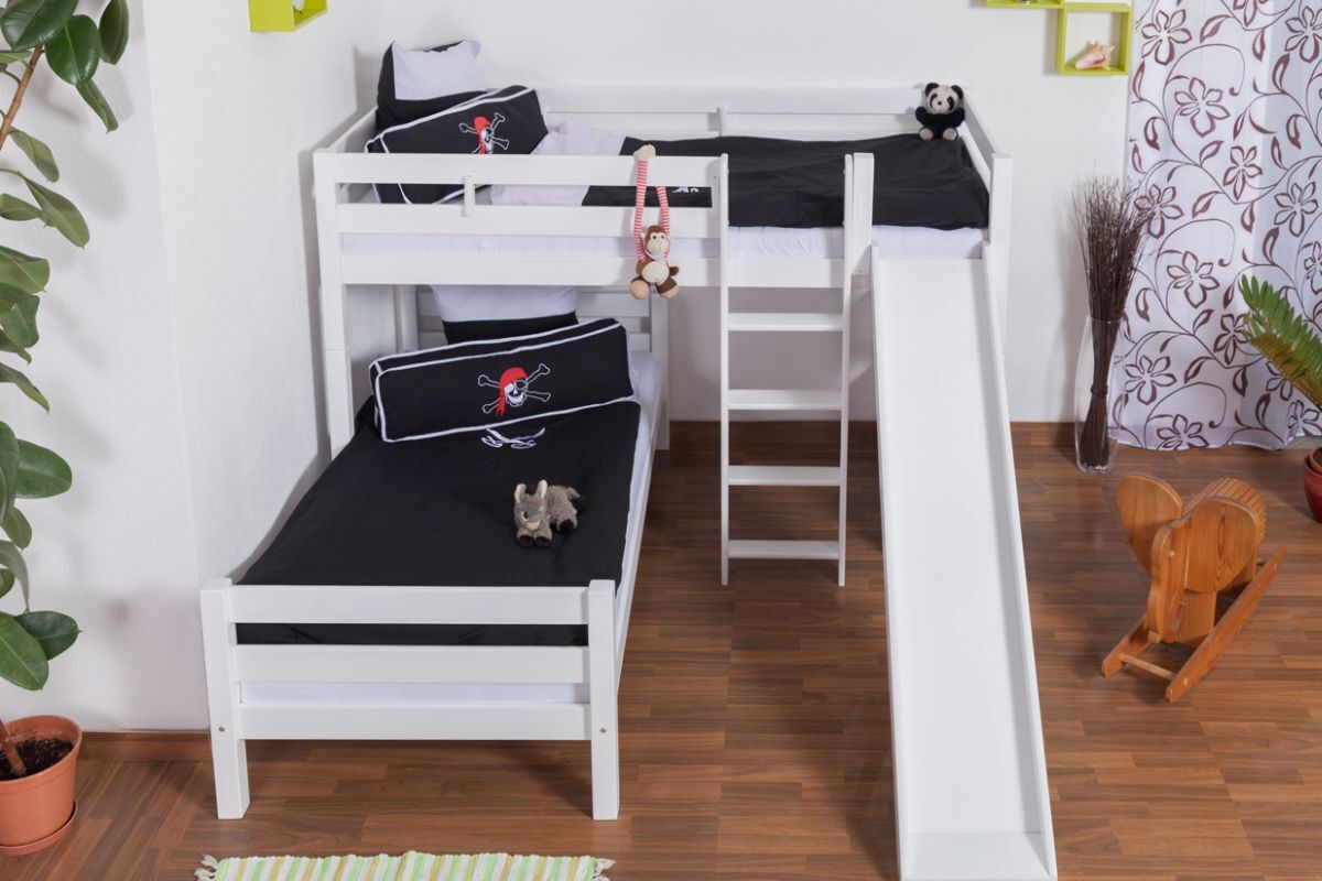Etagenbett Buche Massiv weiß mit Regal und Rutsche, inkl. Rollrost 90x200 cm, teilbar