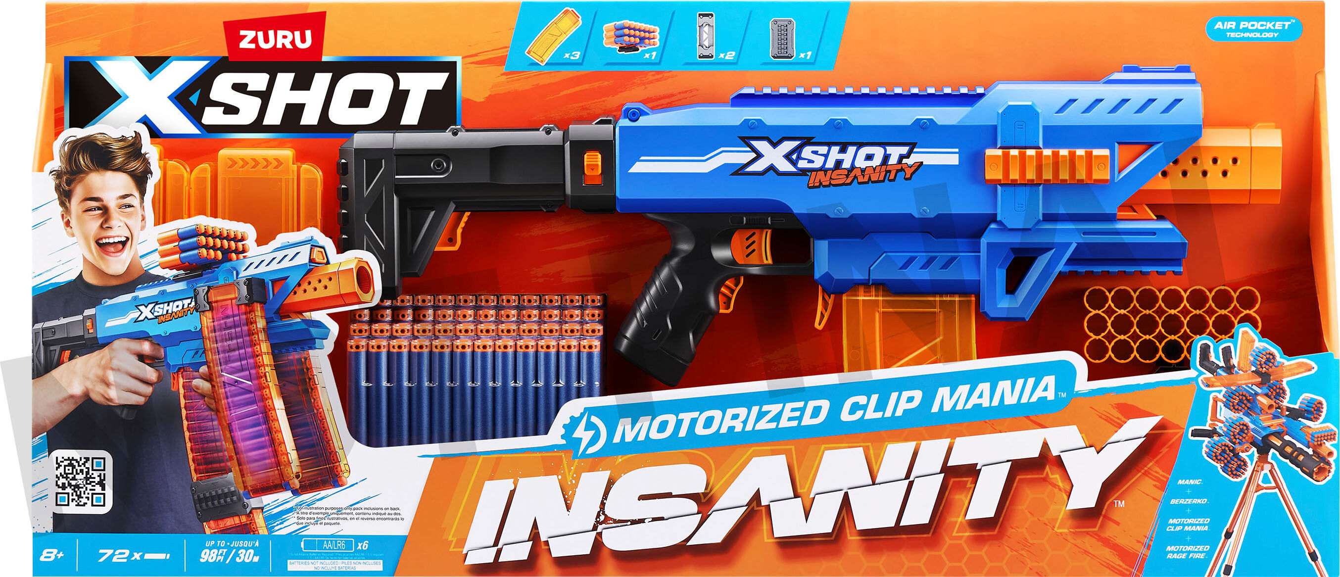 Blaster ZURU "X-Shot, Motorized Clip Mania Insanity", blau, Spielzeugwaffen, Kinder, Kunststoff, Blaster