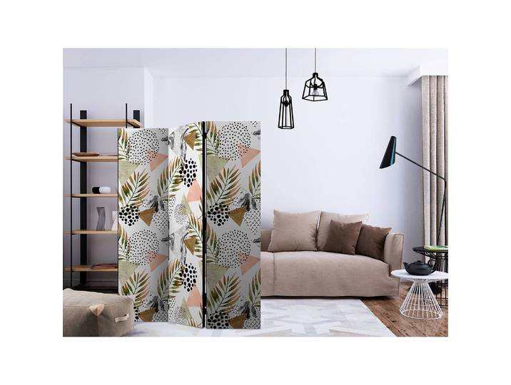 Paravent Tropical Geometry Fleece Grau 135 x 172 x 3cm 3-teilig