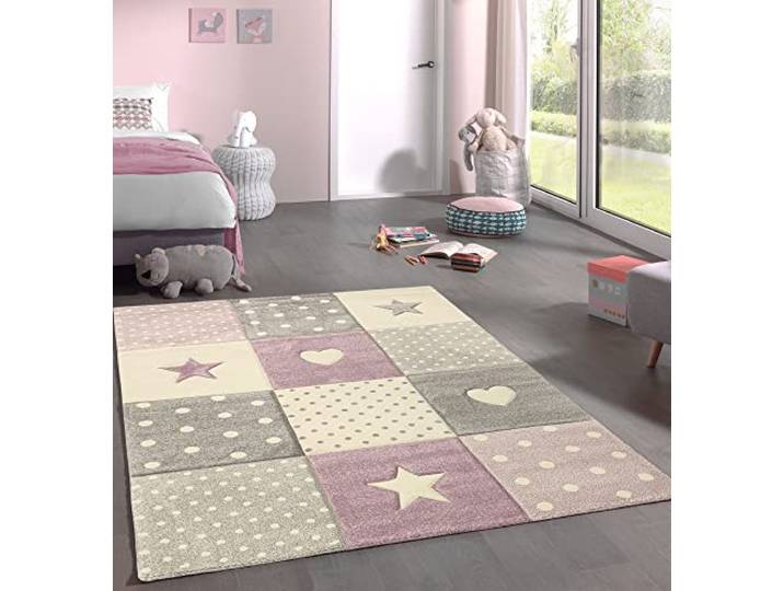 Mia's Teppiche Marie Kinderteppich, Teppich Kinderzimmer, Junge & Mädchen, Pastell, Modern, Kariert, Punkte, Herzen, Herzen-lila, 200x290 cm