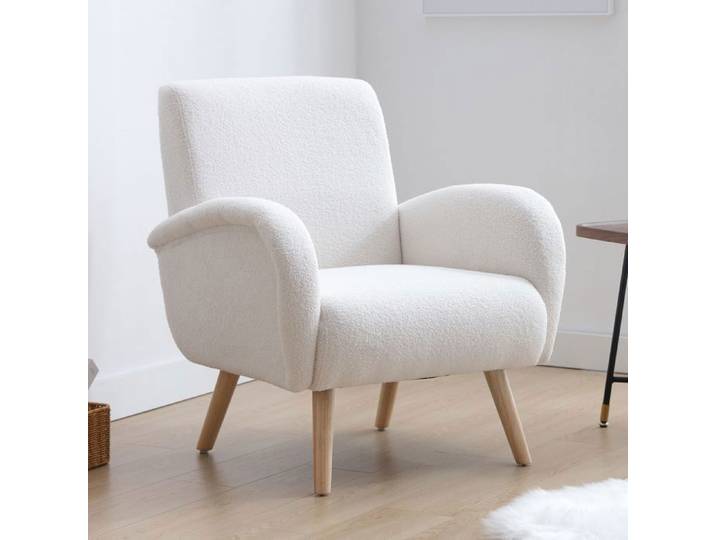 Wahson Fauteuil de Salon Moderne d'Adulte en Bouclette Fauteuil Chambre avec Pied Bois Fauteuil Scandinave Rembourré Blanc