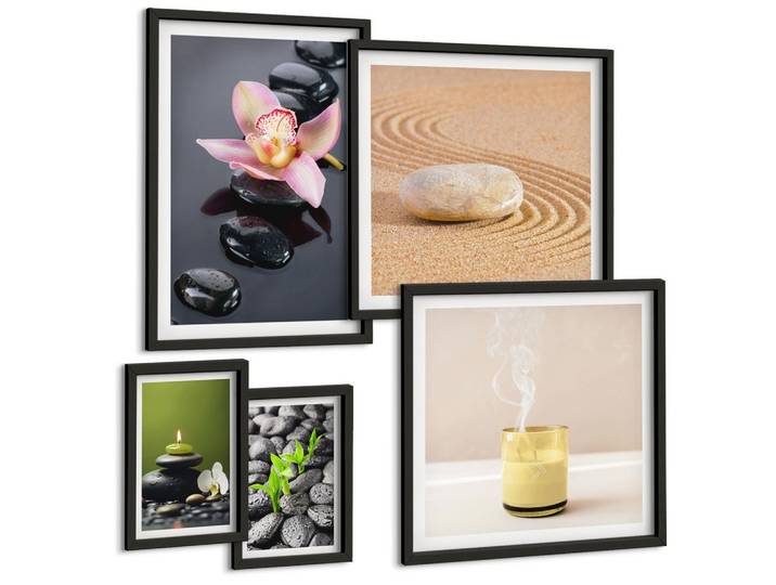 BILDER SET 5er Set - 50x50 cm & 20x30 cm & 40x60 cm Schwarzer Rahmen - Der Frieden der Natur mit Buddha