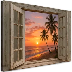 LEINWANDBILD Fensterblick Sonnenuntergang Strand Palmen 60x40cm