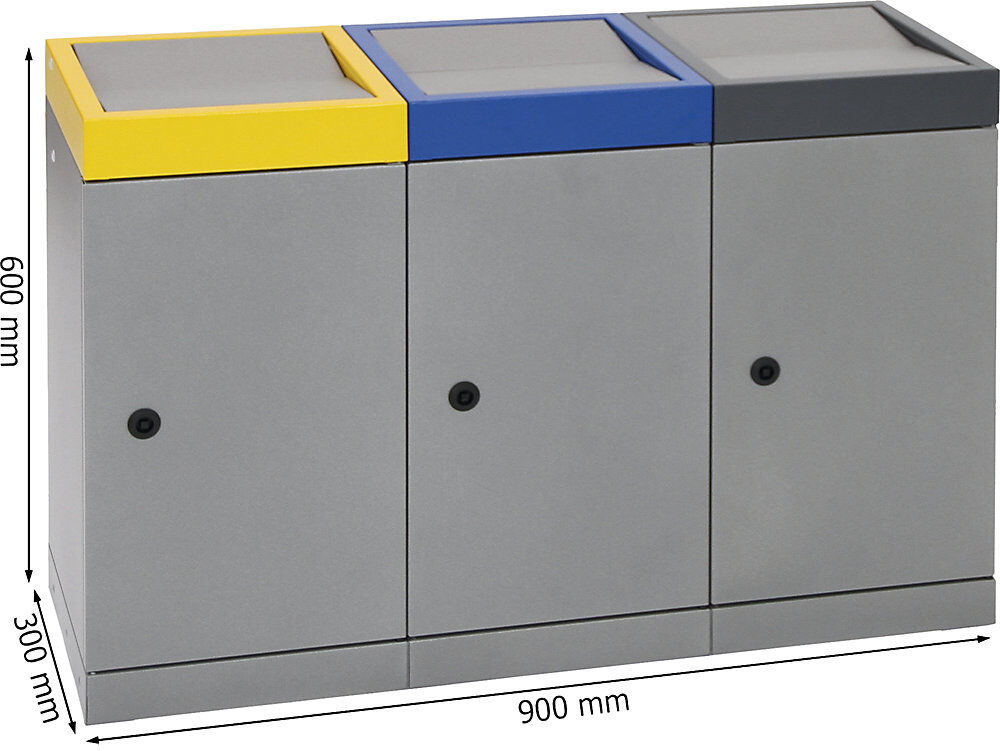 kaiserkraft Wertstoffsammelsystem mit Flügeltür, graualu, 3-fach-Sammler, Volumen 30 l