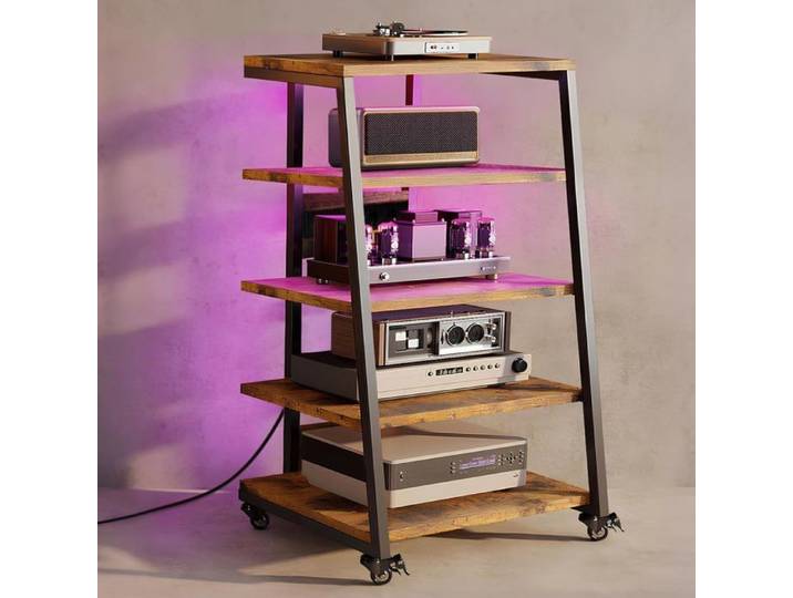 Meuble HIFI à 5 Etagères avec LED et Roulettes en Bois Meuble Audio/Vidéo Étagère Multimédia Rack Avec 3 prise et USB Max. 140KG