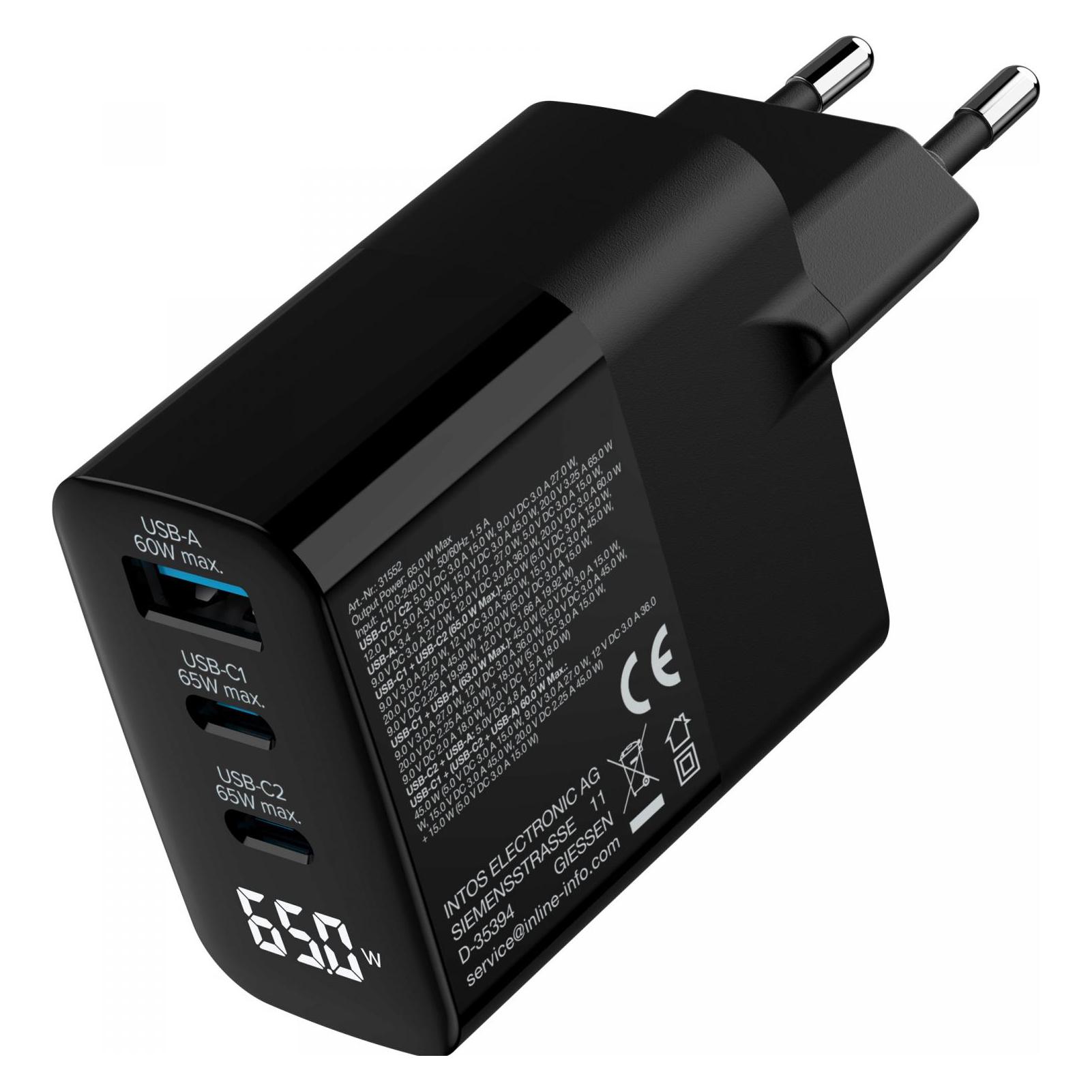 InLine USB PD Netzteil, GaN Ladegerät, 3-Port, USB-C + USB-A, 65W, mit Display, schwarz (65 W, 3 Ports) (31552)