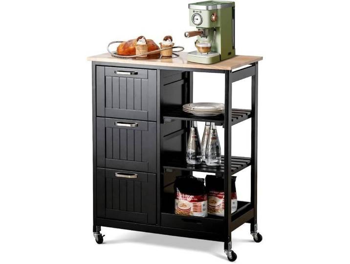 GOPLUS Desserte de Cuisine à roulettes Chariot de Cuisine en Bois avec 3 Tiroirs 3 Étagères Plateau Amovible 67x37x83 5CM Noir