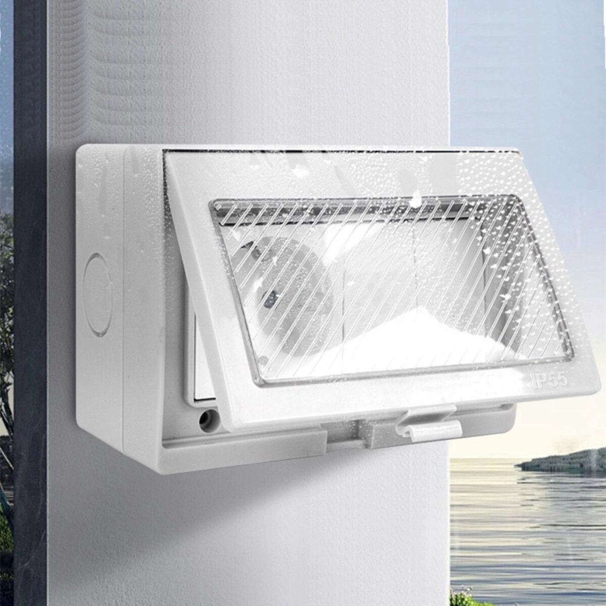 INF Wetterfeste 4-fach Einpol-Schalterbox mit Schuko-Steckdose im deutschen Stil, Grau, PC+ABS, Aufputz