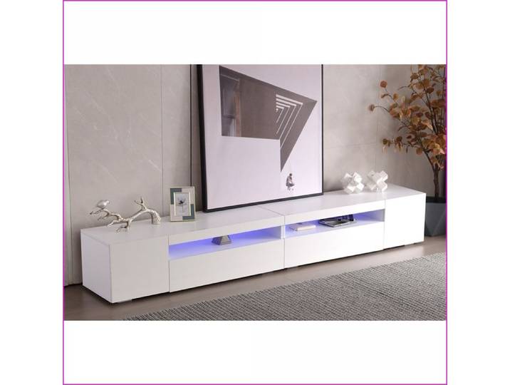 Meuble TV & Divertissement - Moderne Blanc 240cm - Éclairage LED Variable - Panneau Brillant Non Haut-Gloss
