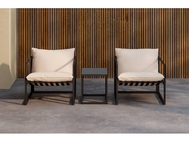 Garten Loungeset Naomi – mit Glastisch & wetterfesten Kissen - Schwarz-Beige - Luxusbetten24