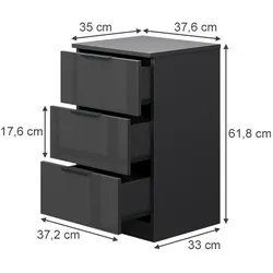 Vicco, Nachttisch, Nachttisch Fino, Schwarz Hochglanz, mit Schubladen (37.60 x 35 x 61.80 cm)