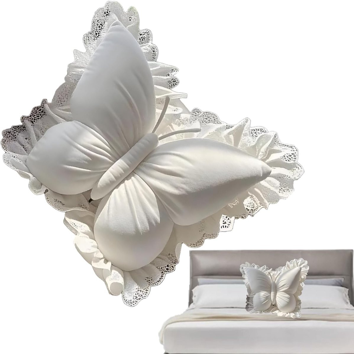 Beige Pluche Vlinderkussen met Kanten Rand - 45 x 40 cm