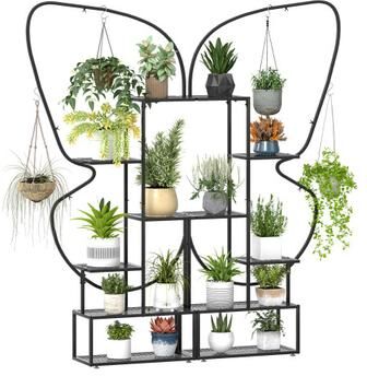 Costway 6-Tier Metal Plant Stand Ladder Display Rack with Hanging Hooks-Black