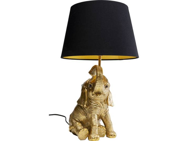 Lampe éléphant en polyrésine dorée et lin noir