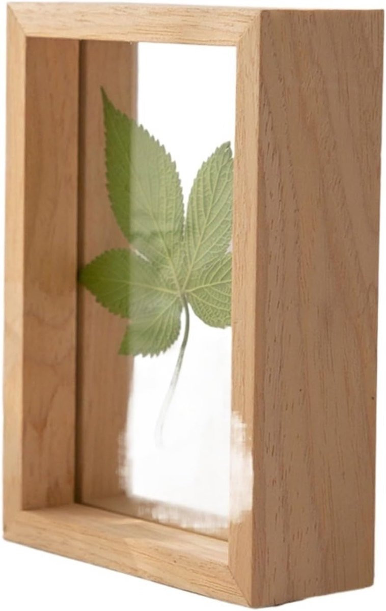 Diepe houten fotolijst schaduwdoos met dubbelzijdig glas in A4-formaat en natuurlijke houtkleur