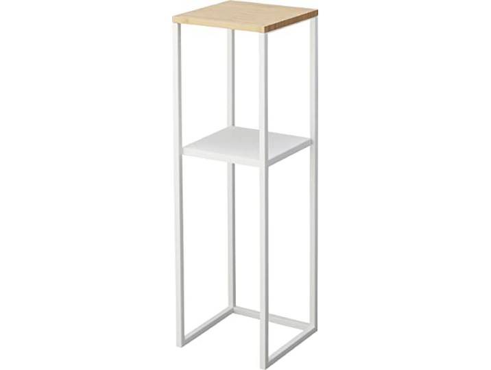 YAMAZAKI 5983 Tower 2Tiered Shelf with Wooden Top\, White\, Steel/Bamboo\, 25 x 25 x 80 cm