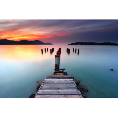 Fototapete PAPERMOON "PIER-SEE NATUR LANDSCHAFT MEER HOLZ STEG DÄMMERUNG DEKO", bunt, B:3,5m L:2,6m, Vlies, Tapeten