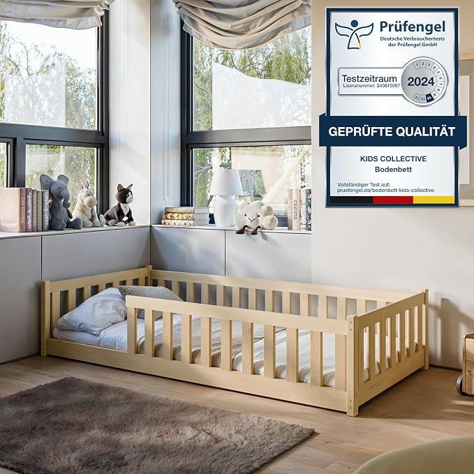 Kinderbett Bodenbett 80x160 cm Bett mit Matratze, Rausfallschutz & Lattenrost Montessori Bett Bed Gitterbett Kinder Jugendbett Einzelbett komplett Set | Natur Kiefer Holz massiv Junge Mädchen