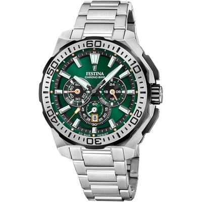 Chronograph FESTINA "Chrono Bike 2025", silber (silberfarben, dunkelgrün), Armbanduhren, Herren, Chronograph, Quarzuhr, Armbanduhr, Herrenuhr, Edelstahlarmband, analog, Tag