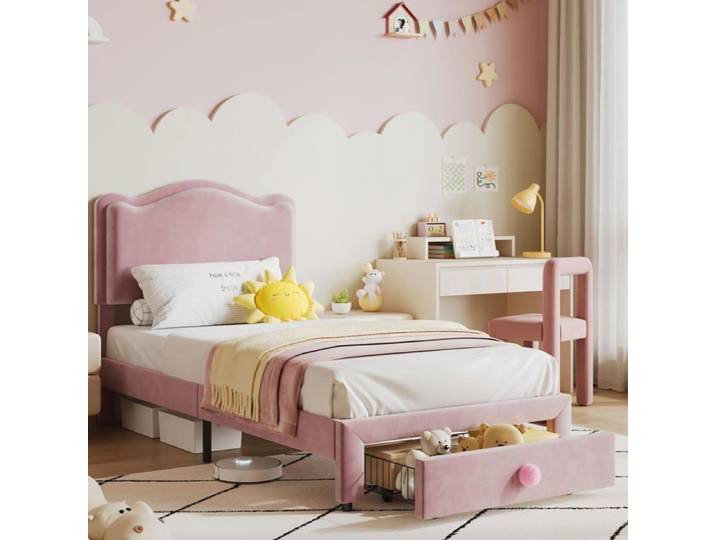 Lit simple rembourré rose tiroir tête volutes plateforme enfants filles barres bois