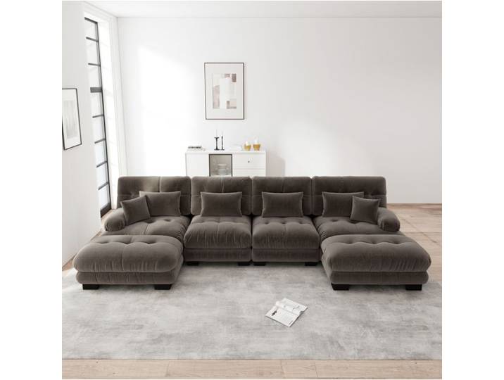 MEUBLIV Canape modulaire d'angle en U 4 places avec ottomans mobiles chenille marron 406 x 145 x 81 cm