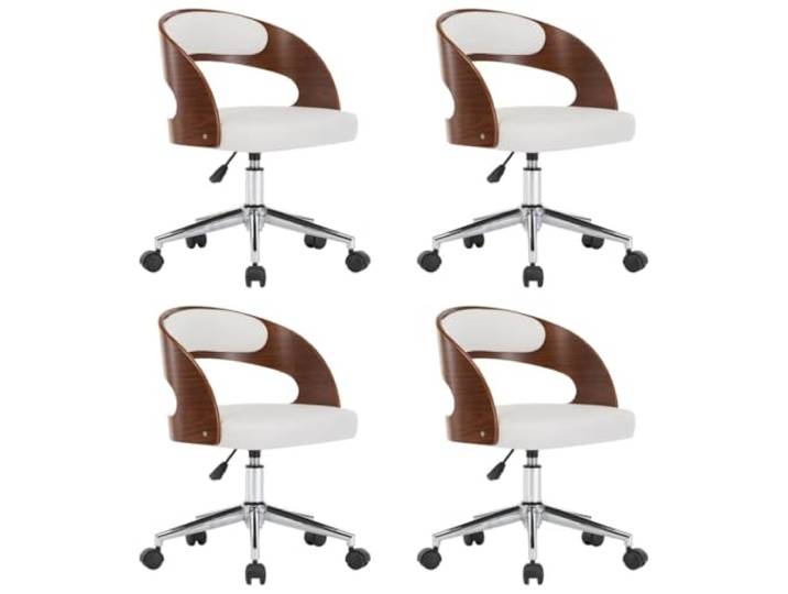Fisinber 4er Set Drehbare Esszimmerstühle Weiß Kunstleder Rollen Bequeme Polstersessel mit Rollen für Küche und Essbereich, ergonomisch geschwungene Holzlehne sorgt für entspanntes Sitzen.