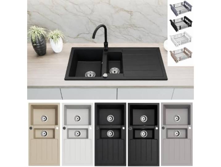 Faizee Home Granitspüle 100x50 cm – Doppelbecken mit Abtropffläche, Spülkorb und Siphon-Set Hochwertige Einbauspüle für moderne Küchen