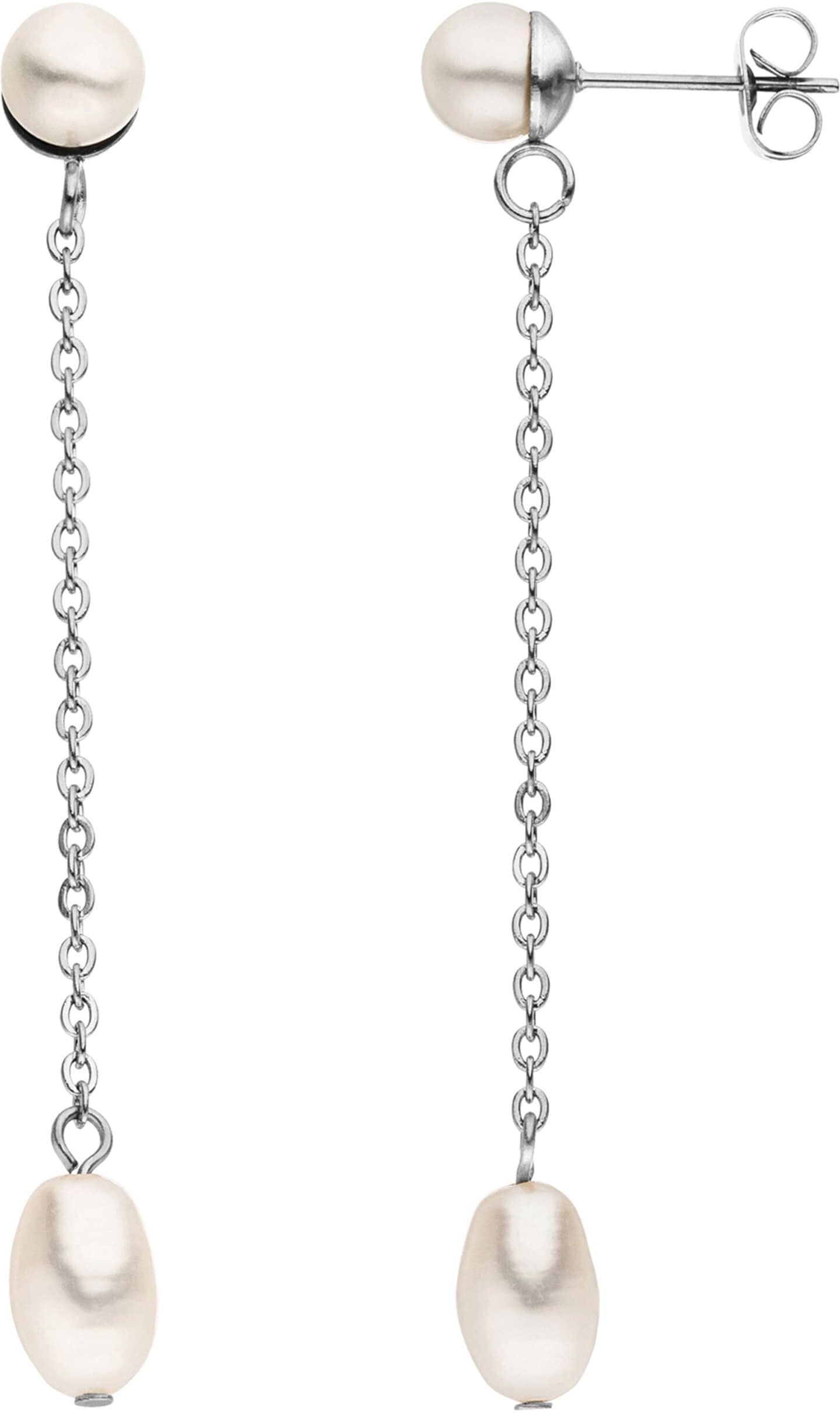 Perlenohrringe JOBO "lang mit Kette", silber (edelstahlfarben), Ohrringe, Damen, Edelstahl Perlen, Edelstahl, Perlen, Edelstahl mit 4 Perlen