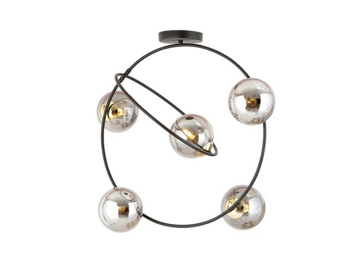 Plafonnier avec anneaux noirs et 5 sphères en verre miroir gris