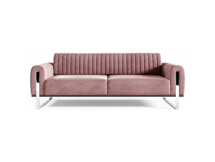 Dreier-Sofa Parissa, rosa Samt, Beine Chrom