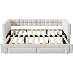 OKWISH Daybett Samt Beige 90x200 cm, ausziehbares Sofabett mit quadratischer Rückenlehne und 2 Schubladen
