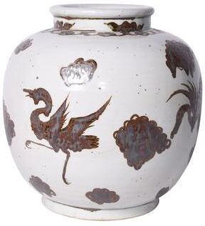 Legend of ASIA 15 in H Rusty Brown Open Top Jar Bird Motif Porcelain