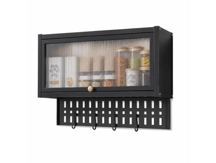 Küchen Gewürzregal mit Lochwand Schrank, Vorratsschrank Kohlenstoffstahl Verstellbare Halterung, Bohrbefestigung, Hochklappbare Polycarbonat Tür Küchenutensilien, Werkzeuge(Black,25*11in/65*28cm)