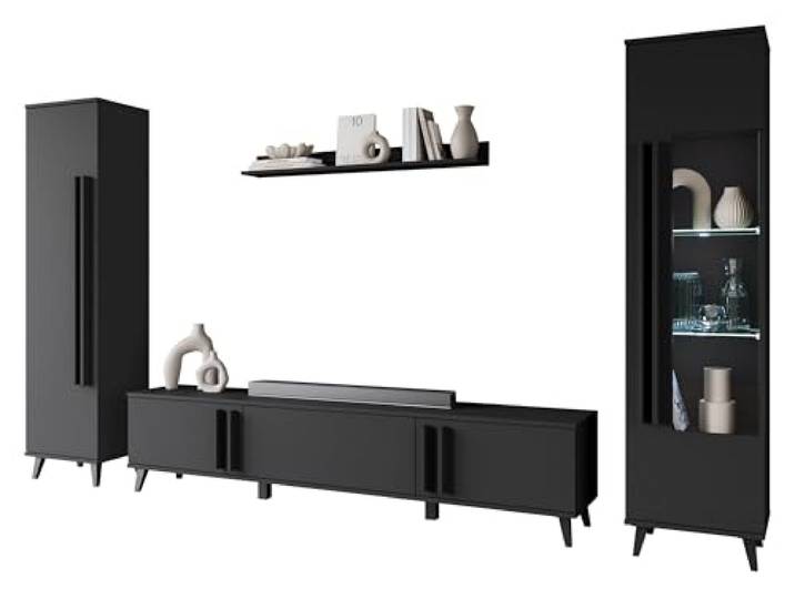 Mirjan24 Wohnzimmer-Set Hailea II, Wohnzimmerschrank, Schrankwand, im Set: Regal, Vitrine, Wandregal, TV-Lowboard (Schwarzer Graphit, mit weißer LED Beleuchtung)