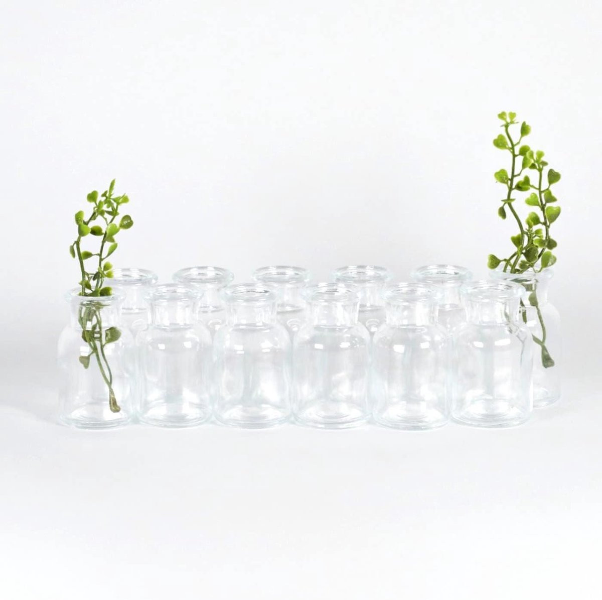 Set van 12 transparante glazen mini vaasjes van 30 ml voor decoratie