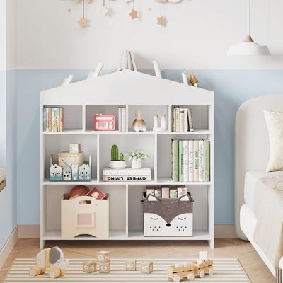 Yun Toy Storage Organizer 9-Cubby Kids Bookshelf 40.7in Width White Bookcase