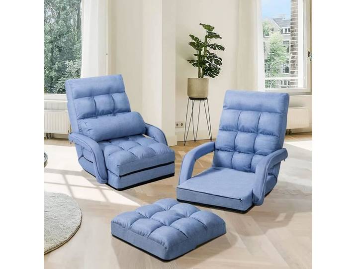 RELAX4LIFE Fauteuil Convertible - Accoudoir et Dossier Réglable à 5 Positions Chauffeuse 1 Place Fauteuil Bas avec Oreiller Bleu