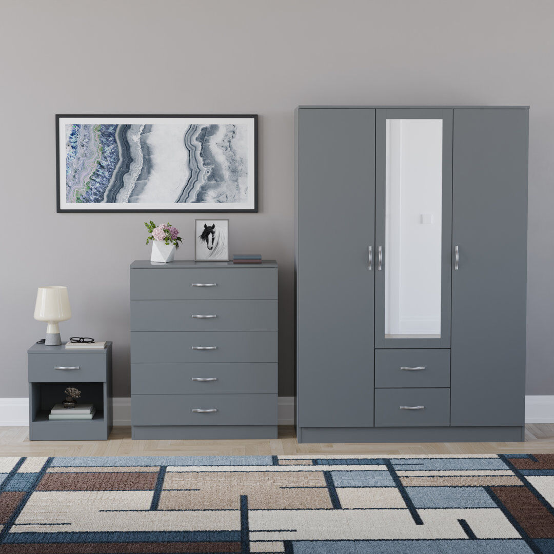 17 Stories Maybery 3 Piece Bedroom Set (1 Drawer Bedside Chest, 5 Drawer Chest, 3 Door 2 Drawer Mirrored Wardrobe), (5) Grey