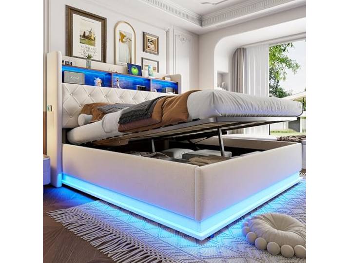 Merax LED Polsterbett 180x200 cm Gepolstertes Stauraumbett mit USB-Ladeanschluss, hydraulischem Stauraum, mehrfarbigen LED-Leuchten, Leinenstoff Beige, Stabiles Metallgestell für Schlafzimmer