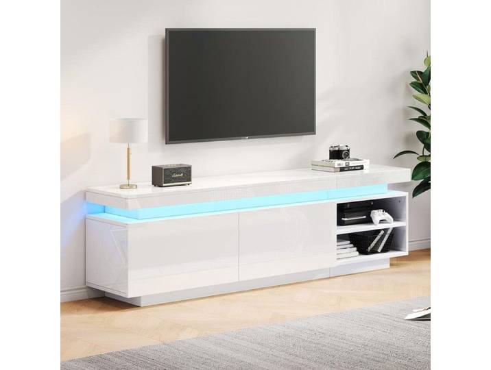 Meuble TV lowboard brillant avec éclairage LED Meuble télé commode TV table meuble de rangement et grand espace de rangement