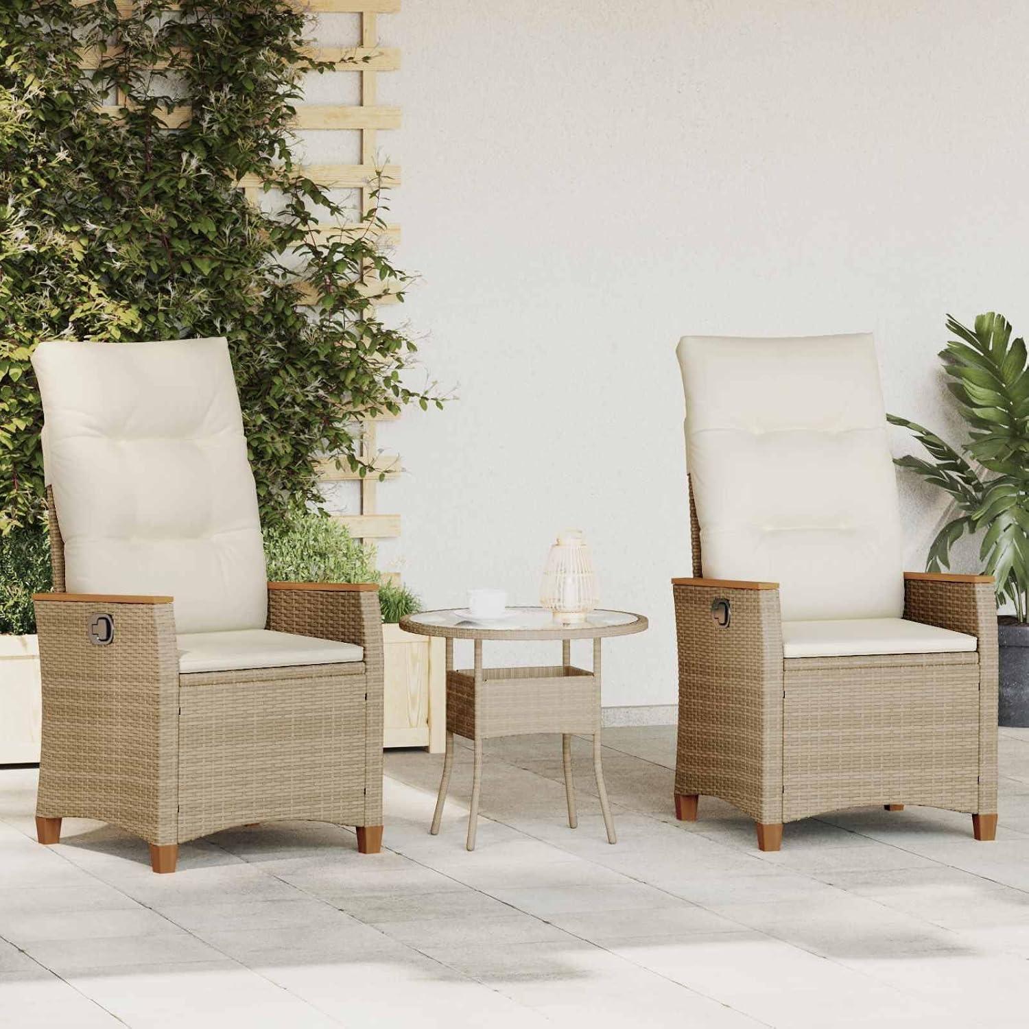 Verstellbarer Gartenstuhl in Beige und Creme, 64x57,5x112 cm, mit pulverbeschichtetem Stahl, Armlehnen aus Akazienholz und abnehmbaren Polstern für die Terrasse