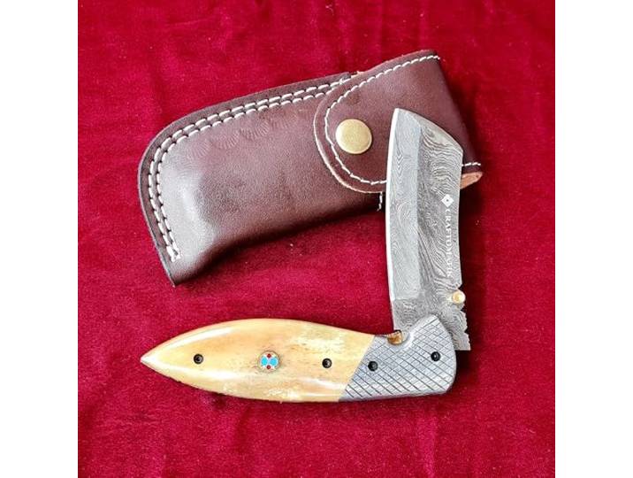 CRAFTOMATIK Damast Stahl Taschenmesser Klappmesser Kamelknochen, Damast Stahl, Mosaik Stift Griff Handgefertigt Outdoor Damastmesser Camping Messer FK50