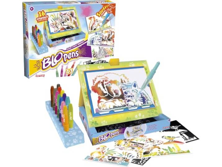 Lansay-BLOPENS Super Centre d’Activités Animaux – Nouvelle Édition Créative Kit Créatif 5+ Ans - 13 Feutres Blopens\, 16 Pochoirs Animaux - Effet Aérographe - Pupitre Transformable et Bouchons Lavables