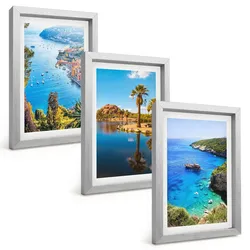 BILDER SET 3er Set - 20x30 cm Silberner Rahmen - Palmen am Meer, blaues Wasser