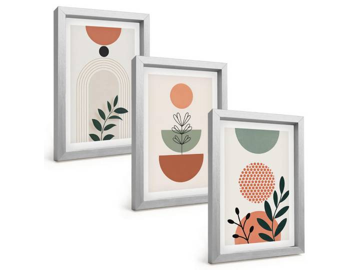 Tulup Bilder SET 3er Set - 20x30 cm Silberner Rahmen - Moderne Pflanzenmotive, Silberfarben, Kunststoff, Rechteckig, 20x30 cm, Fotografie, Bilder & Rahmen, Bilder