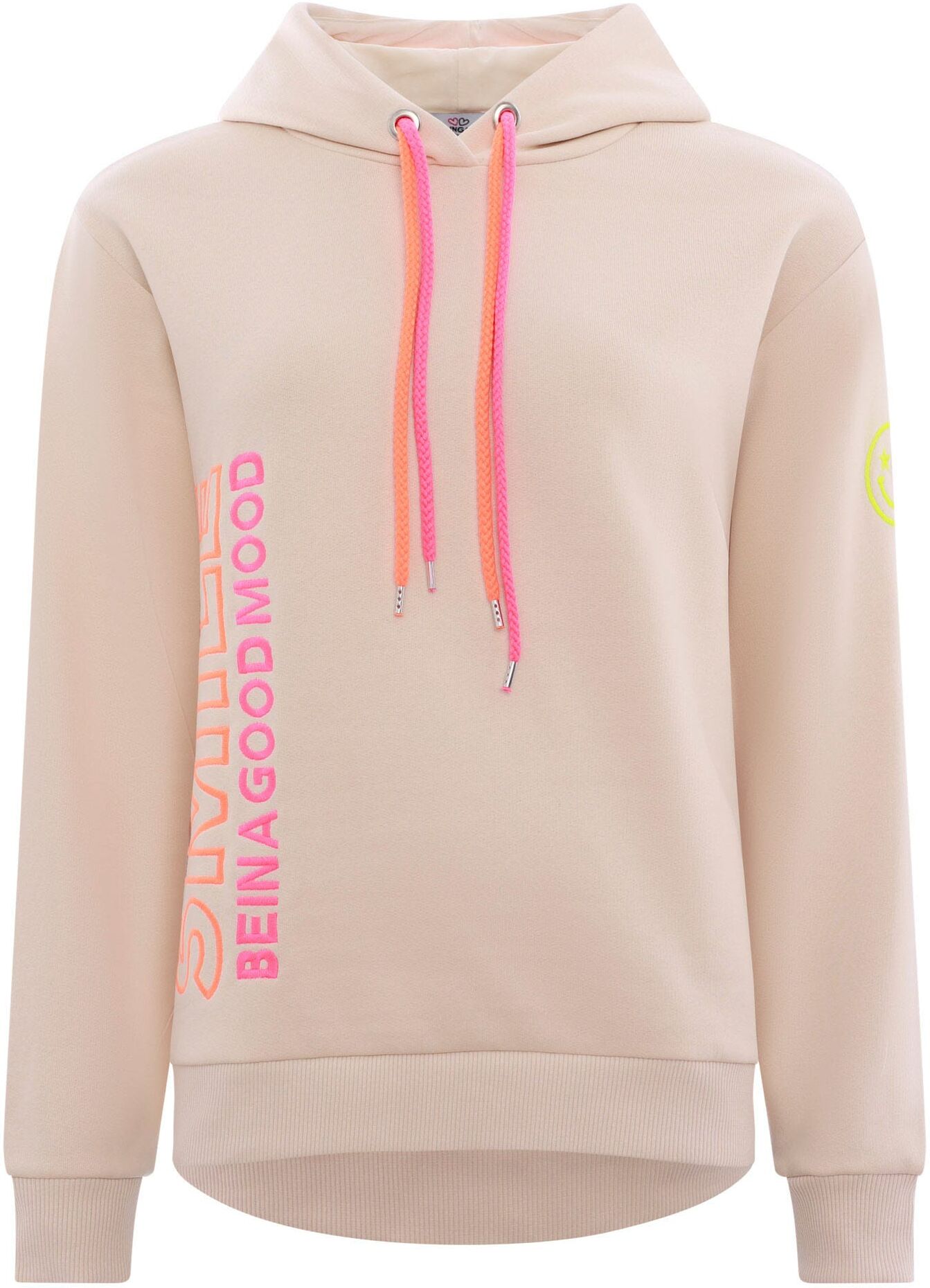Sweatshirt ZWILLINGSHERZ, Damen, Gr. L/XL (L/XL), beige, Sweatware, Obermaterial: 80% Baumwolle, 20% Polyester, unifarben, normal hüftbedeckend, V-Ausschnitt, Sweatshirts Sweatshirt, gestickter Schriftzug, Kapuze, Langarm, Kängurutasche, Neon-Details beig
